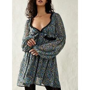Free People Blue Floral Mini Dress with Black Trim